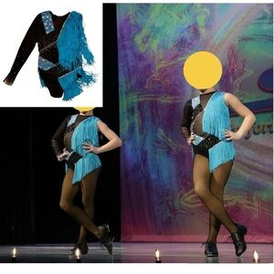 Glamour | Bold Blue and Black Asymmetrical Leotard Dance Costume with Fringe LC